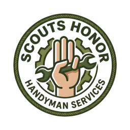 Scouts Honor Handyman Services circular badge logo with hand symbol and green border